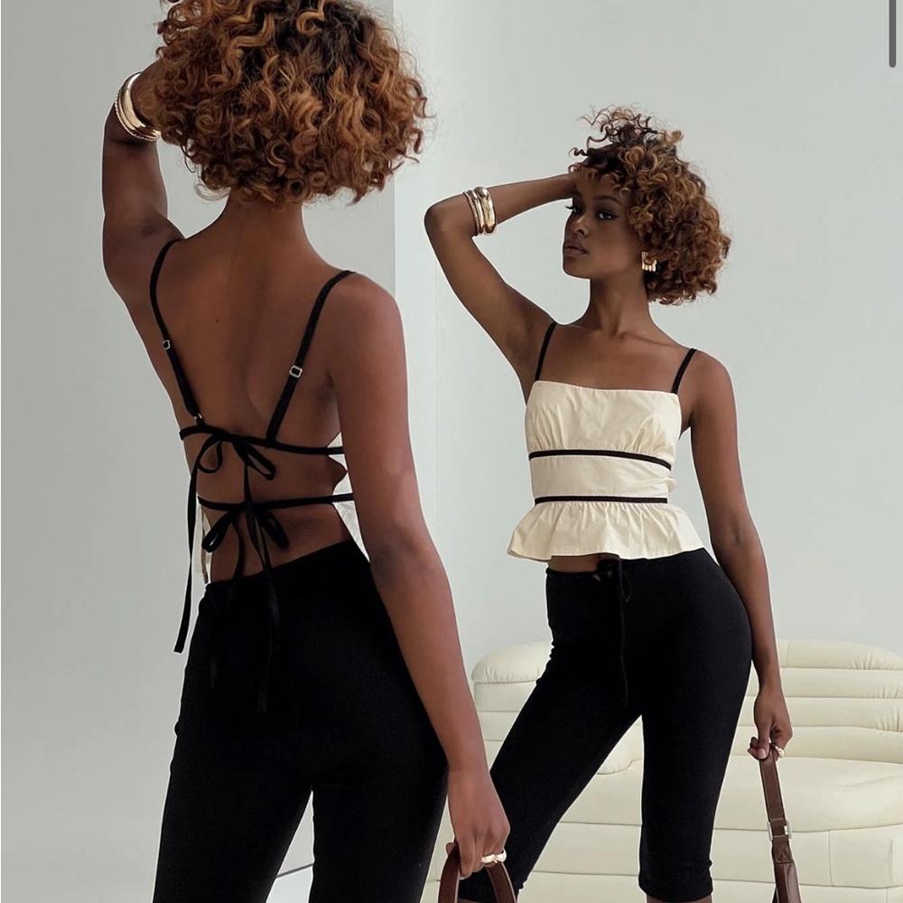 Princess Polly Daxon Top Cream / Black Peplum Tie Back Tank